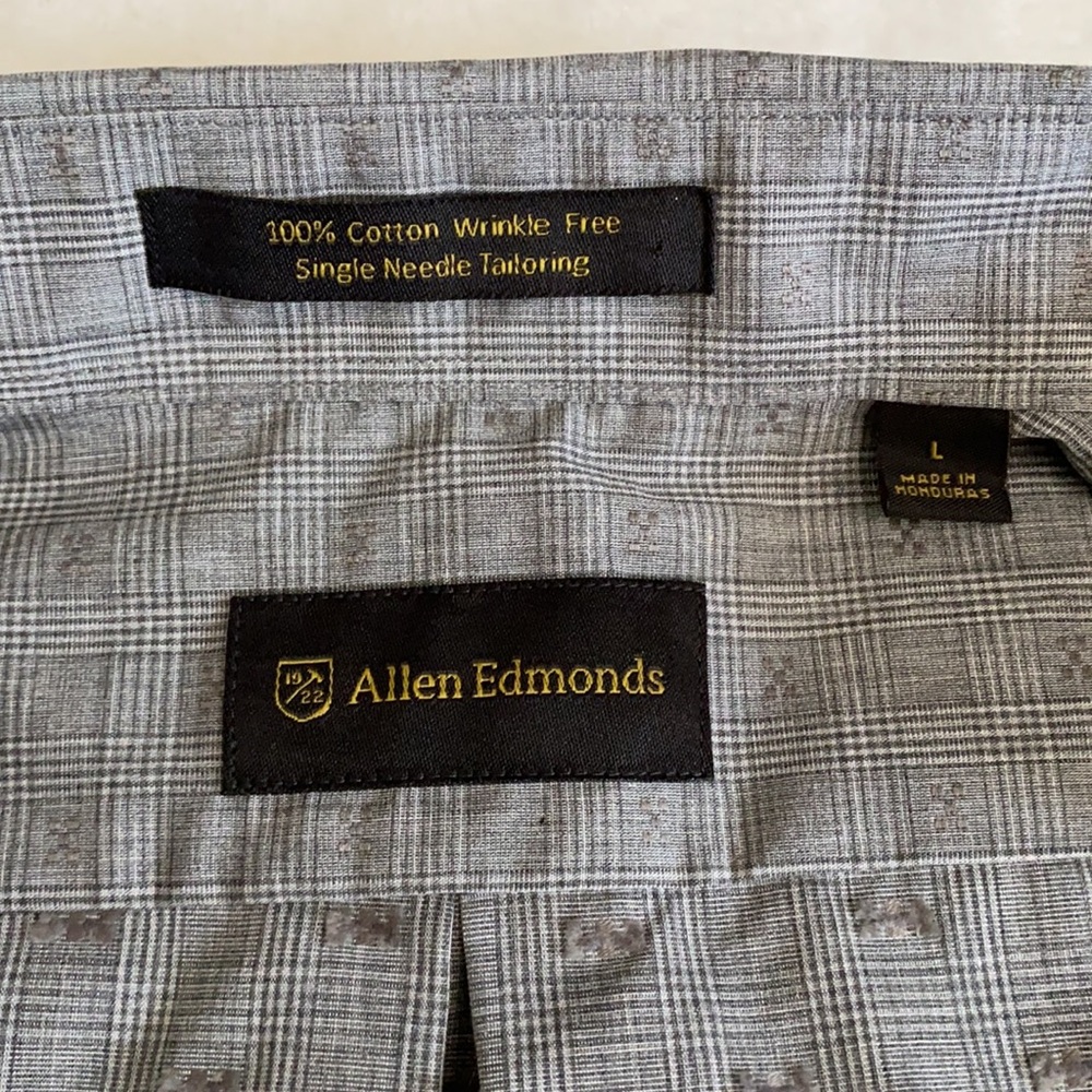 Allen Edmonds | Plaid Wrinkle Free Cotton Button Down Shirt Gray/Grey (L) - Picture 10 of 16
